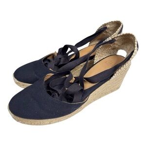 Castañer Carina Navy Canvas Espadrille Wedge Sandals Ankle Tie Size 39 US 8.5-9